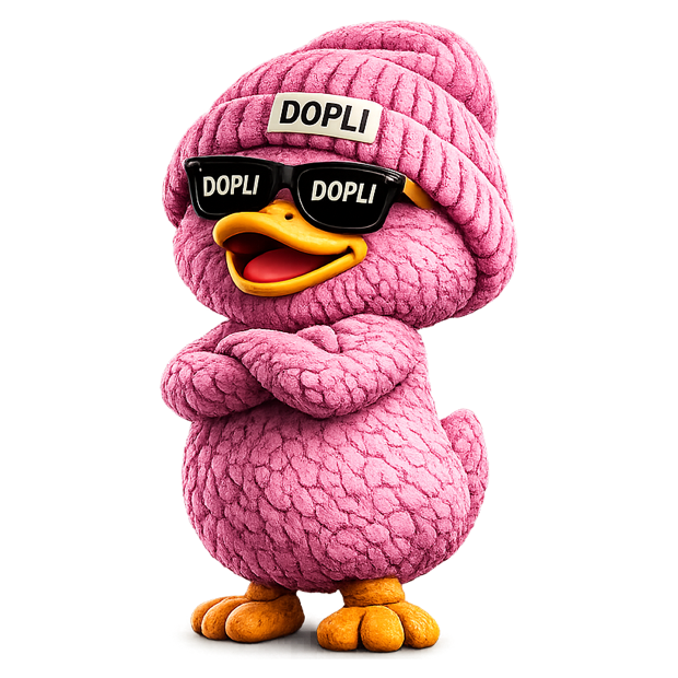 Dopli, a pink plush duck in a beanie and sunglasses, arms crossed